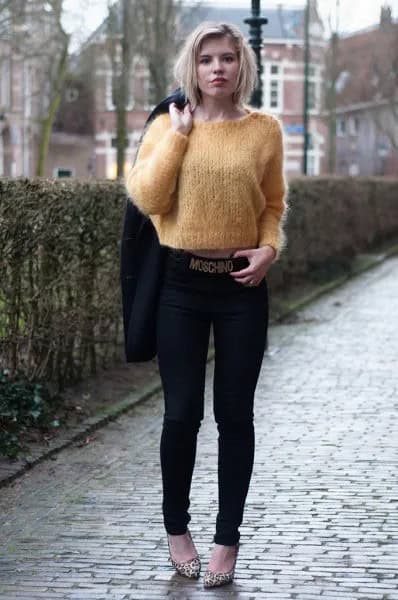 Green Cropped Mohair Sweater with Black Skinny Jeans