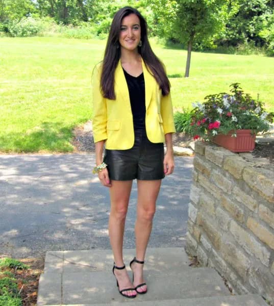 Wear with Yellow Jacket & Black Leather Shorts