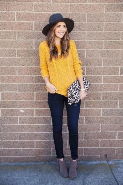 Yellow Cable Knit Sweater with Black Felt Hat