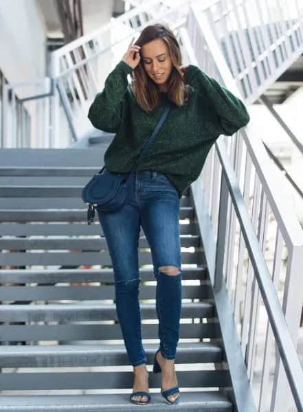 Green Chunky Sweater with Blue Ripped Jeans & Open Toe Heels