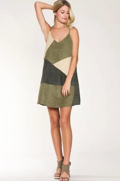 Diagonal Color Block Suede Slip Dress