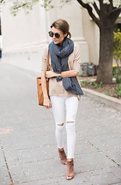 Pale Pink T Shirt with Black Scarf & White Ripped Knee Jeans