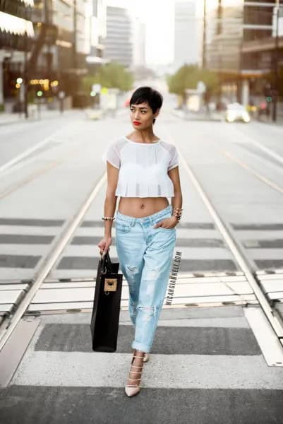 White Cropped Chiffon Top with Light Blue Ripped Baggy Boyfriend Jeans