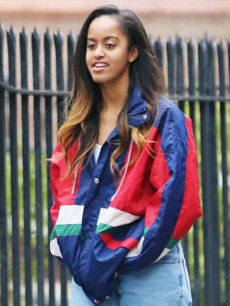 Red and Blue Striped Windbreaker with Mom Jeans