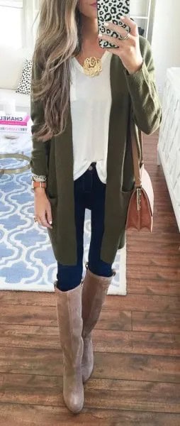 Green Cardigan with White Top & Grey Knee High Boots