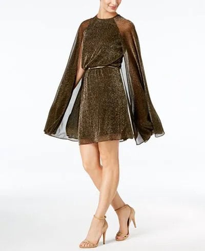 Brown Belted Semi-Sheer Cape Dress