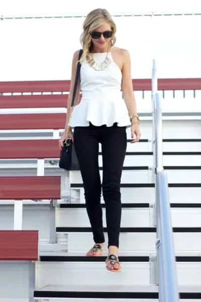 White Halter Peplum Blouse with Black Skinny Pants