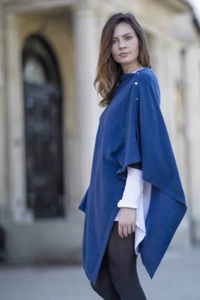 Blue Buttoned Wool Poncho with White Shirt