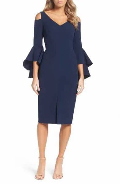 Navy Bell Sleeve Cold Shoulder Midi Dress