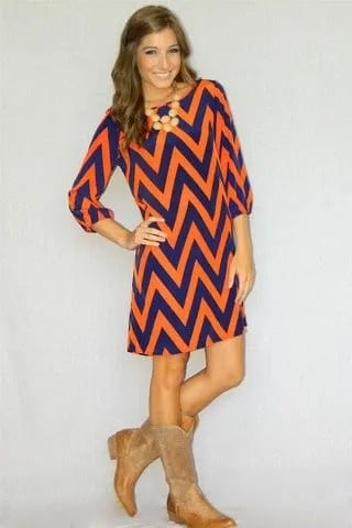 Orange and Blue Zig-Zag Printed Long Sleeve Mini Shift Dress