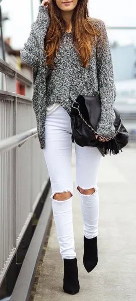 Heather Grey Chunky Sweater with Ripped White Jeans