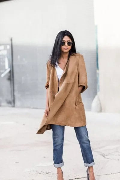 Suede Casual Coat with Cuffed Jeans & Heels