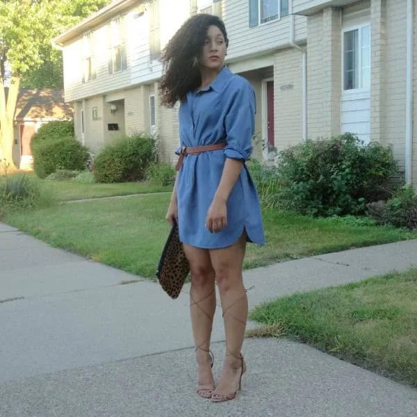 Light Blue Denim Belted Going Out Dress with Open Toe Heels