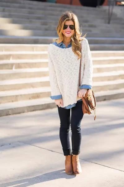 Big White Sweater with Light Blue Chambray Shirt