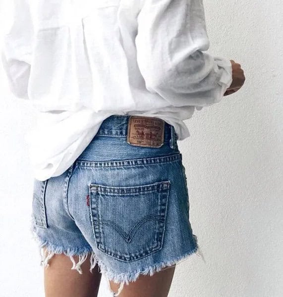 White Boyfriend Shirt with Blue Cut Off Denim Shorts