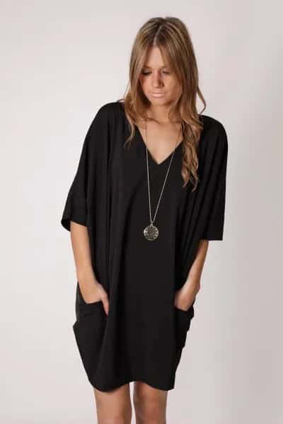 Black V Neck Tunic Dress with Long Necklace