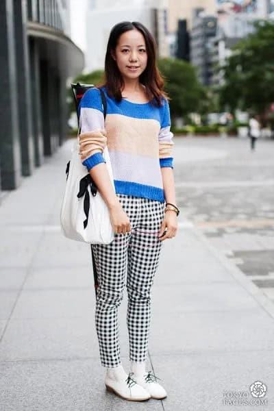 Checkered Pants with Color Block Knit Sweater