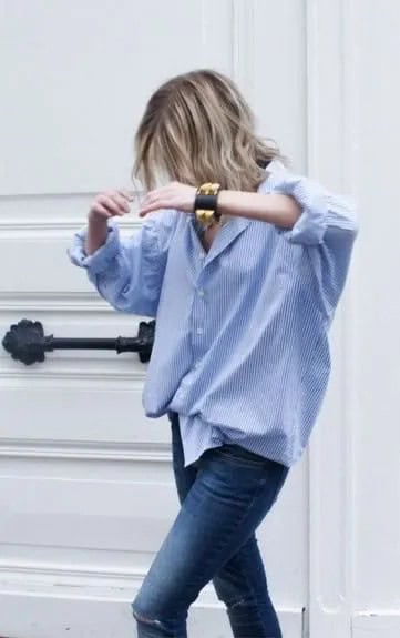 Blue and White Boyfriend Shirt with Skinny Jeans