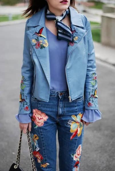 Blue Embroidered Leather Jacket with Silk Scarf & Jeans