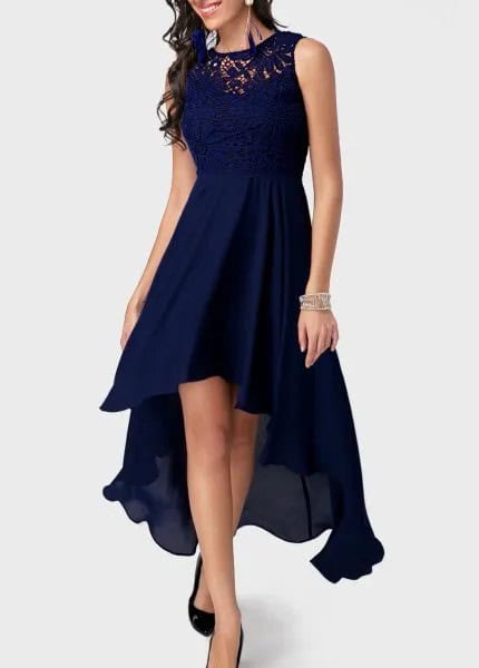 Dark Navy Blue High Low Midi Flare Cocktail Dress