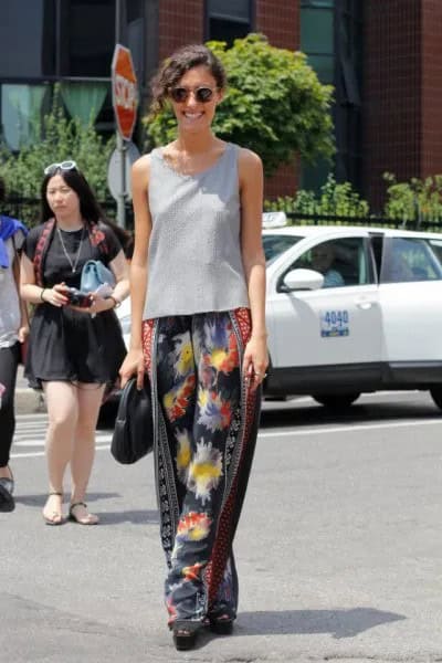 Grey Sleeveless Top with Tie Dye Wide Leg Pants