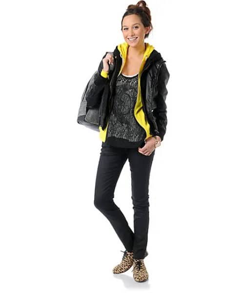 Black Leather Jacket with Lemon Yellow Hoodie & Scoop Neck Top