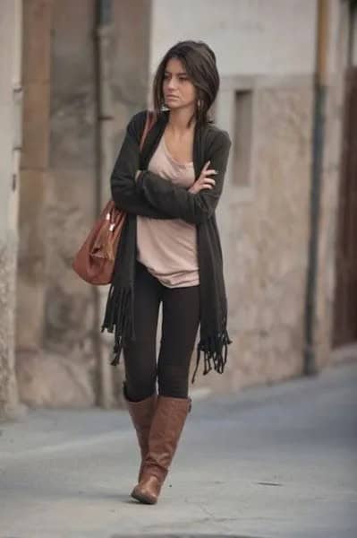 Dark Grey Fringe Cardigan with Pale Pink Scoop Neck Top & Brown Leather Boots