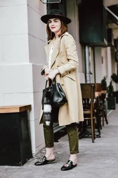 Long Beige Trench Coat with Green Pants & Felt Hat