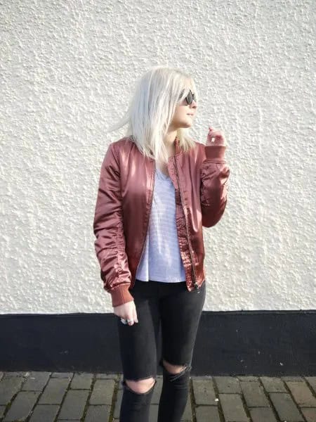 Rose Gold Bomber Jacket with Striped Tee & Black Ripped Jeans