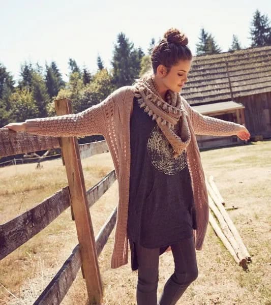 Crepe Cable Knit Cardigan with Long Grey T Shirt