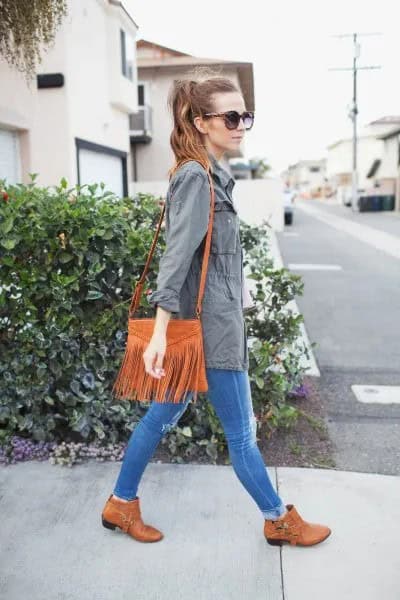 Grey Parka Jacket with Blue Skinny Jeans & Camel Shoulder Suede Bag