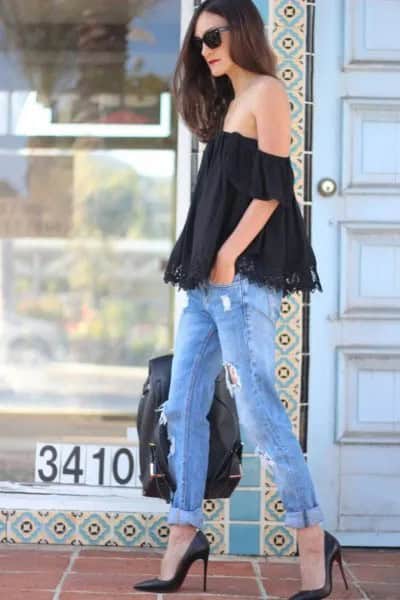 Black Lace Top with Ripped Boyfriend Jeans