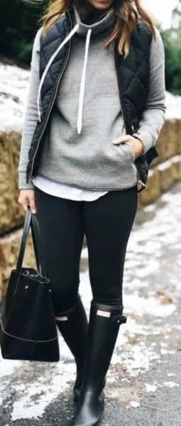 Grey Hoodie with Black Puffer Vest & Leather Knee High Boots