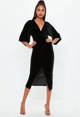 Black Wide Three-Quarter Sleeve V Neck Slit Dress