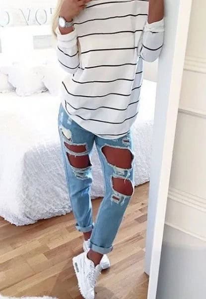 White and Black Striped Long Sleeve Tee with Super Ripped Light Blue Jeans