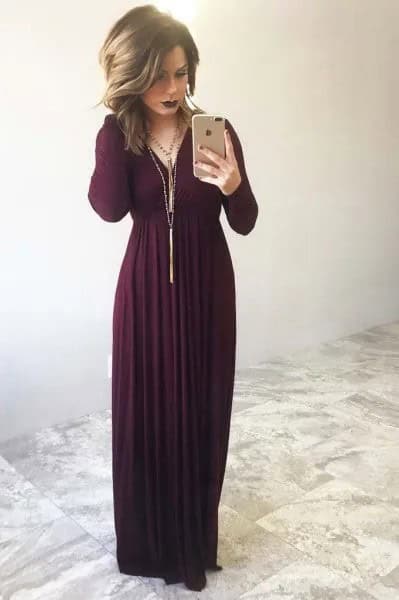 Long Sleeve Maxi Dress with Long Fringe Necklace