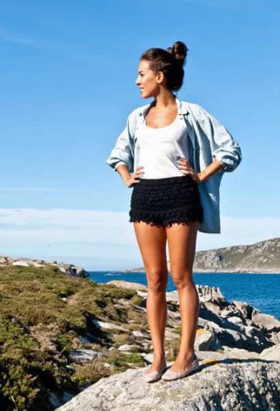 Black Crochet Shorts with Oversized Chambray Shirt