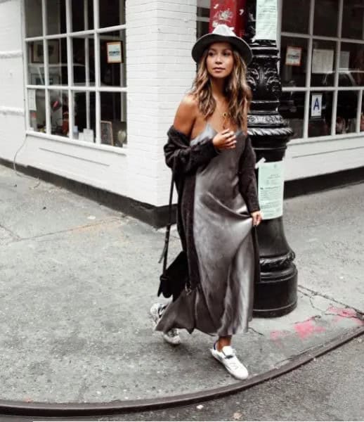 Silver Maxi Silk Slip Dress with Longline Grey Cardigan