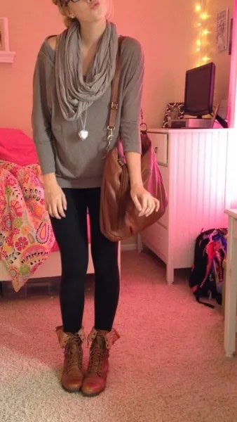 Pale Pink Wide Neck Sweater with Leggings & Brown Boots