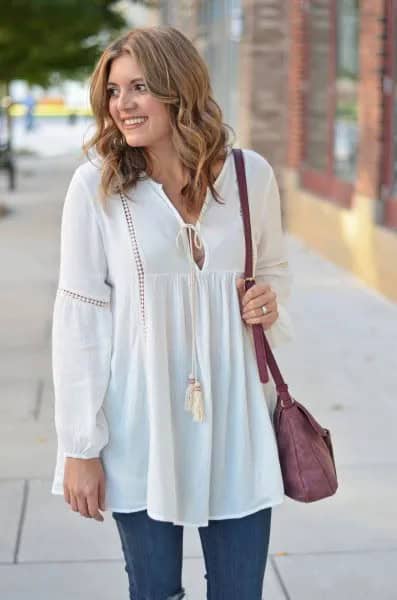 White Long Peasant Top with Blue Skinny Jeans