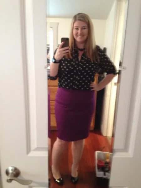 Black and White Polka Dot Shirt with Purple Pencil Skirt