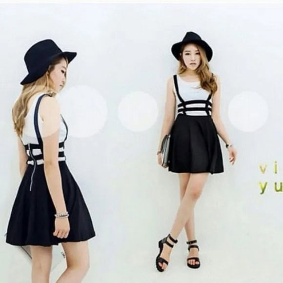 Black Felt Hat with Strappy Suspender Mini Skirt & Slide Sandals