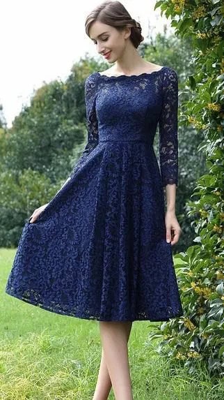 Boat Neck Long Sleeve Fit and Flare Lace Dress