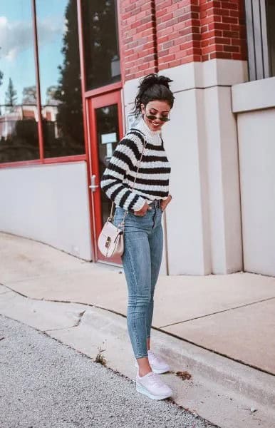 Mock Neck Sweater with Cropped Skinny Jeans & White Sneakers