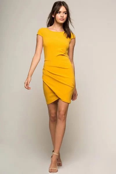 Mustard Yellow Cap Sleeve Bodycon Wrap Dress