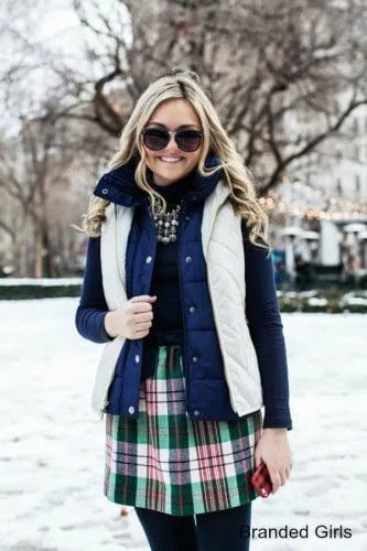 White and Blue Double Vest with Black Plaid Skater Skirt