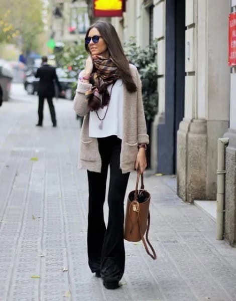 Grey Cardigan with White Chiffon Blouse with Black Flared Jeans