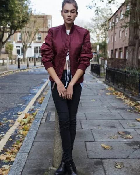 Maroon Bomber Jacket with White Fringe Crop Top