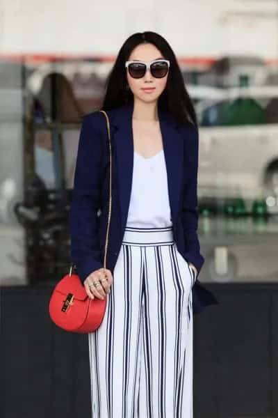 Navy Blazer with White Vest Top & Striped Wide Leg Pants