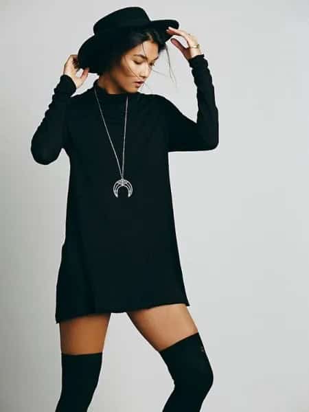 Felt Hat with Black Mock Neck Mini Knit Sweeter Dress